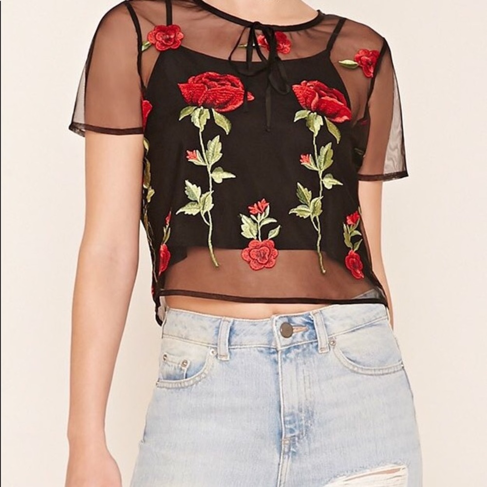 🌹 Sheer Crop Top with Floral Appliqué & Cami